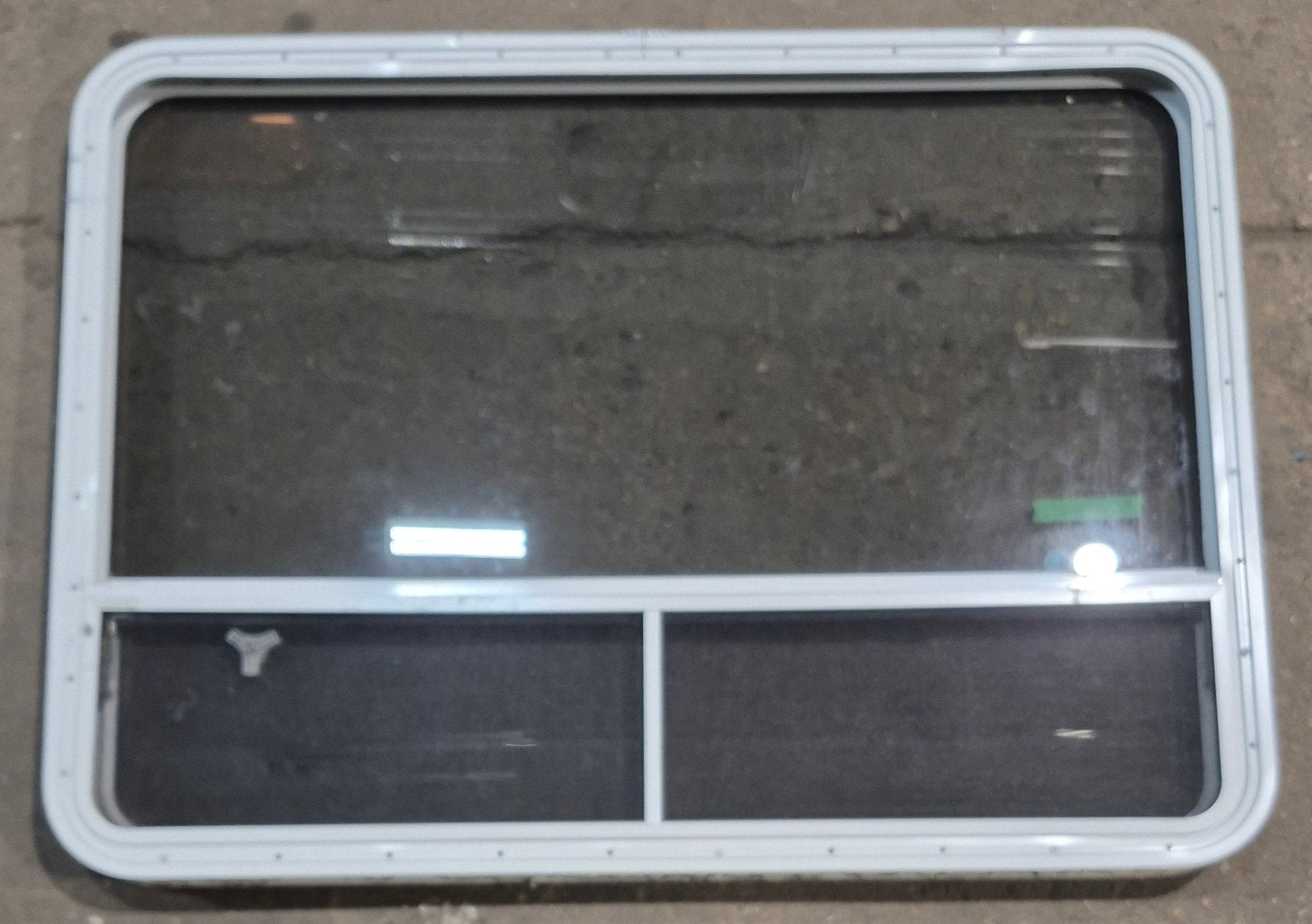 Used White Radius Opening Window : 47 1/4" W x 34 1/4" H x 1 3/4" D - Young Farts RV Parts