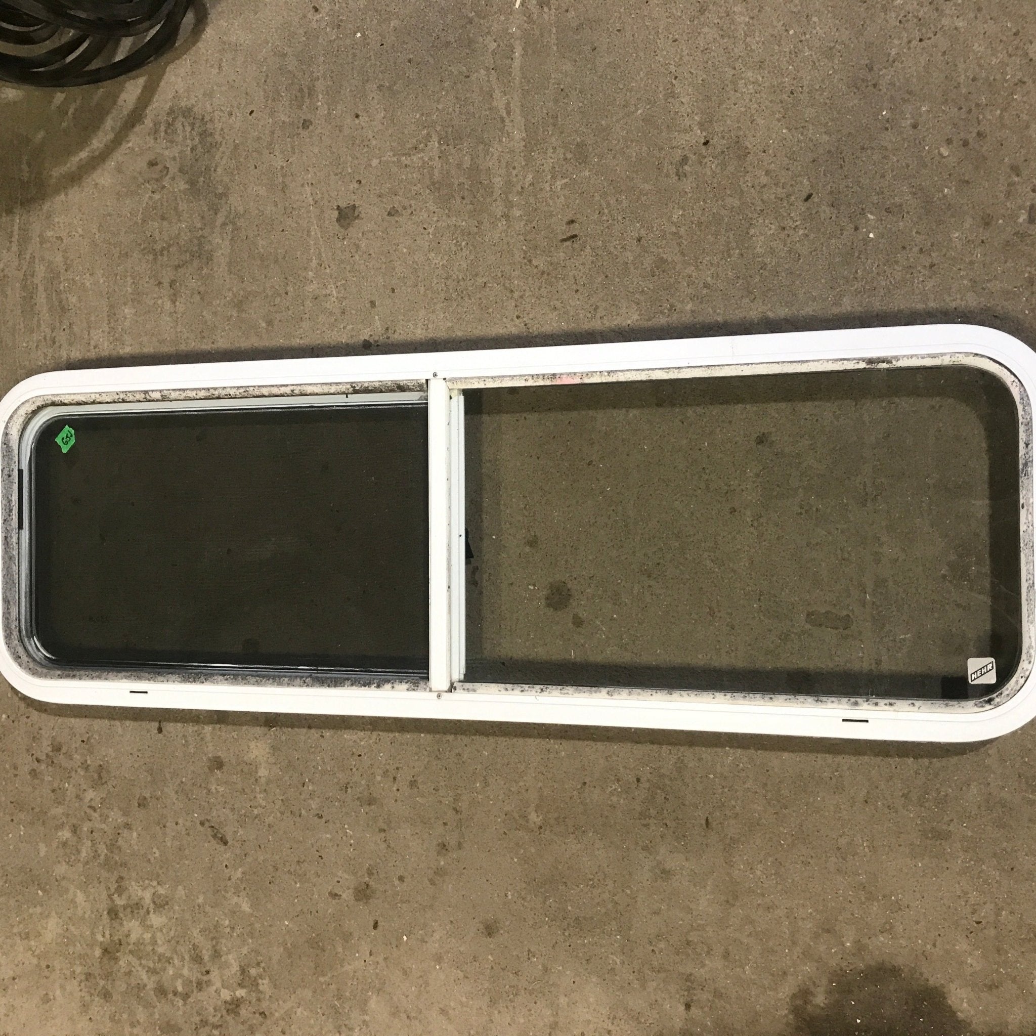 Used White Radius Opening Window : 48" W x 14 3/4" H x 1 7/8" D - Young Farts RV Parts