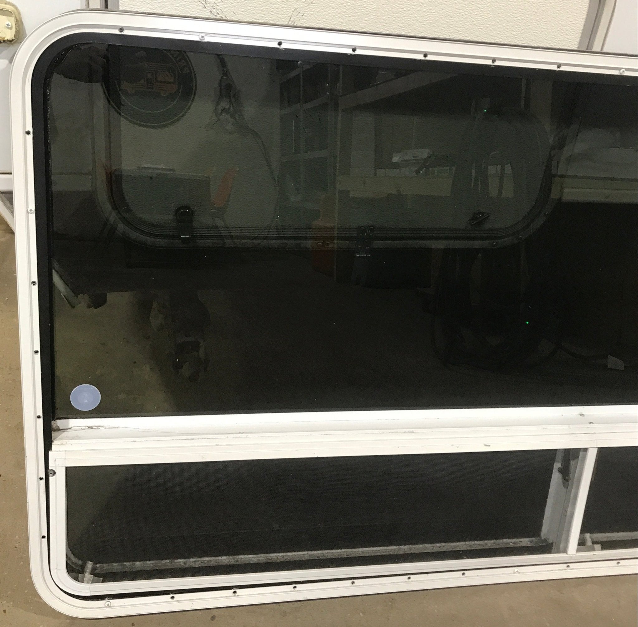 Used White Radius Opening Window : 71 1/2" W x 34 1/2" H x 1 7/8" D - Young Farts RV Parts