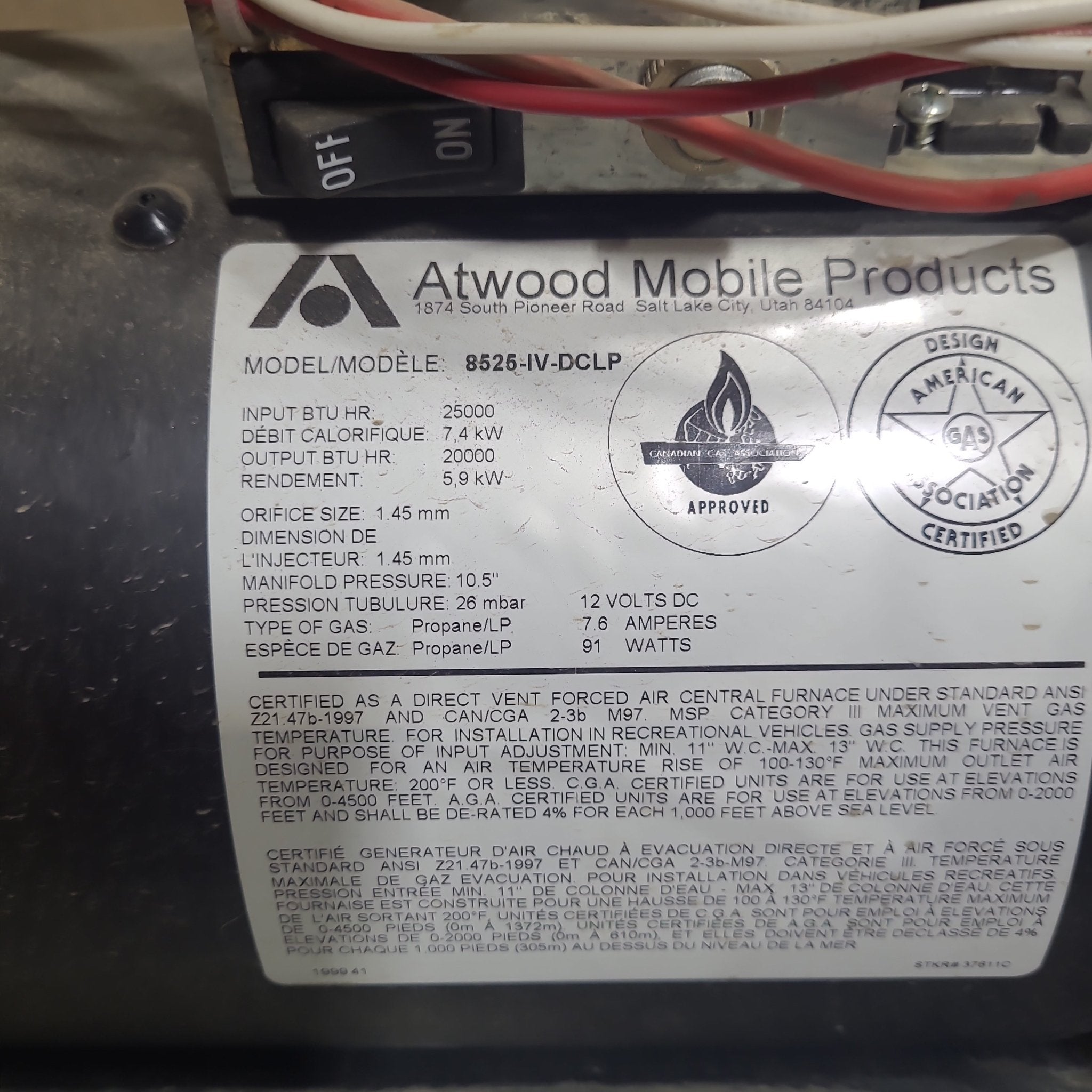 Buy 25000 BTU USED 8525 IV DCLP HYDROFLAME RV Propane Furnace Online -  Young Farts RV Parts