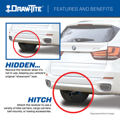 Draw Tite® • 76924 • Hidden Hitch® • Trailer Hitch Class III • Class III 2" (350 Lbs lbs GTW/3500 Lbs lbs TW) • Cadillac XT5 17-23 - Young Farts RV Parts