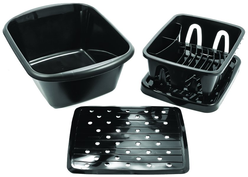 Camco 43518 Sink Kit - w/Dish Drainer, Dish Pan & Sink Mat, Black Bilingual - Young Farts RV Parts