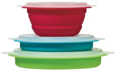 Kitchen Bowl Progressive International CB-20 Storage Bowl Set, Blue/ Green/ Red, One 1.5 Cup Capacity/ One 3 Cup Capacity/ One 5 Cup Capacity, Round, Collapses To 1/2 Of Its Original Size, Dishwasher Safe, Polypropylene Plastic, Set Of 3 - Young Farts RV Parts