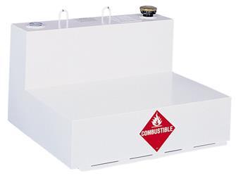 Liquid Transfer Tank Delta Consolidated 480000 Non-Flammable Liquids, 109 Gallon Capacity, L-Shaped, 31" Length x 59.63" Width x 25" Height, Smooth, White, Steel - Young Farts RV Parts