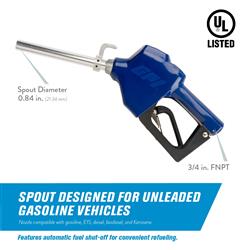 Liquid Transfer Tank Pump Nozzle GPI 110121 - 8 Liquid Transfer Tank Pump, Automatic Nozzle, For Use With Unleaded Fuel Only, Can Be Used With GPI M - 150S/ M - 180S/ M - 240S/ And M - 1115S Series Part Numbers, Without Swivel, Straight Spout, Without Splash Guard, - Young Farts RV Parts