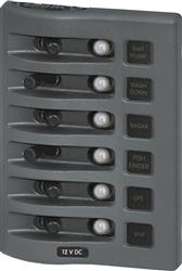 Power Distribution Box Blue Sea 4376 - BSS WeatherDeck ®; CLB Circuit Breakers Panel; 15 Amps At 12 Volts DC/ 9 Amps At 24 Volts DC; CLB Circuit Breakers; 6 Positions; Gray; Reinforced Polycarbonate; 4 - 1/4