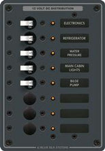 Load image into Gallery viewer, Power Distribution Box Blue Sea 8023-BSS DC Branch Circuit Breaker Panel; 12/ 24 Volts DC; 100 Amps; Traditional Metal; 8 Positions; Black; 5-1/4&quot; x 7-1/2&quot; x 3&quot; - Young Farts RV Parts