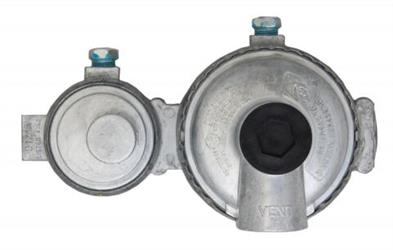 Propane Regulator Marshall Excelsior MEGR-298P Excela-Flo; 1/4" FNPT Inlet x 3/8" FNPT Outlet With 90 Degree Vent; Two Stage; 175000 BTU; Without Hose; Zinc Powder Coated; Zinc Die Casted; With POL Connector; With Plastic Clamshell Package - Young Farts RV Parts