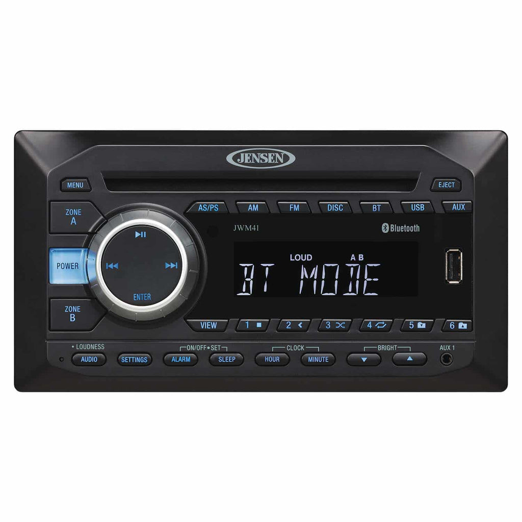 Radio ASA Electronics JWM41 Automotive; AM/ FM/ Bluetooth Ready With A2DP/AVRCP Streaming Audio; With CD/ CD-R/ CD-RW Playback; With Auxiliary Input (Rear Chassis RCA And Front Panel Audio 3.5 Millimeter) USB Input; White LED Backlight LCD Panel With Blue - Young Farts RV Parts