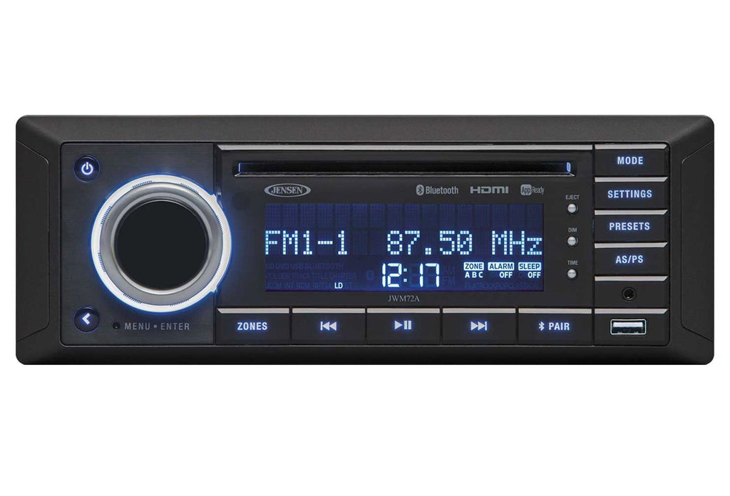 Radio ASA Electronics JWM72A Automotive; 12 AM/ 18 FM Stations; Bluetooth Streaming Audio (A2DP) And Controls (AVRCP); Plays CD/ CD-R/ CD-RW/ DVD/ DVD+R/ DVD RW/ DVD-R/ DVD-RW/ MP3; With Front A/V AUX Input/ Rear Audio AUX Input - Young Farts RV Parts