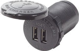 Receptacle Blue Sea 1045-BSS Outdoor/ Indoor Use; 12/24 Volts Input; 5 Volts/ 4.8 Amps Output; Non Ground Fault Interrupter; Dual Receptacle; Socket Mount