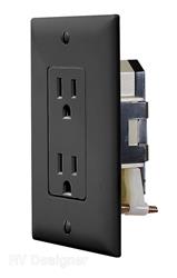 Receptacle RV Designer S817 Self Contained; 125 Volt AC; Non Ground Fault Interrupter; Dual Receptacle; Black; With Cover Plate - Young Farts RV Parts