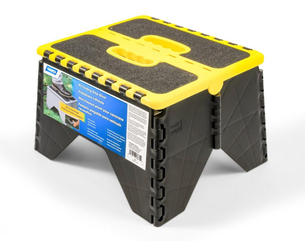 Step Stool Camco 43637 One Step, Foldable, Step Measures 11-1/2" Height x 13" Width, 300 Pound Capacity, Fold Flat To 15" x 14" x 2", UV Stabilized Impact Resistant Resin, With Non Skid Surface - Young Farts RV Parts