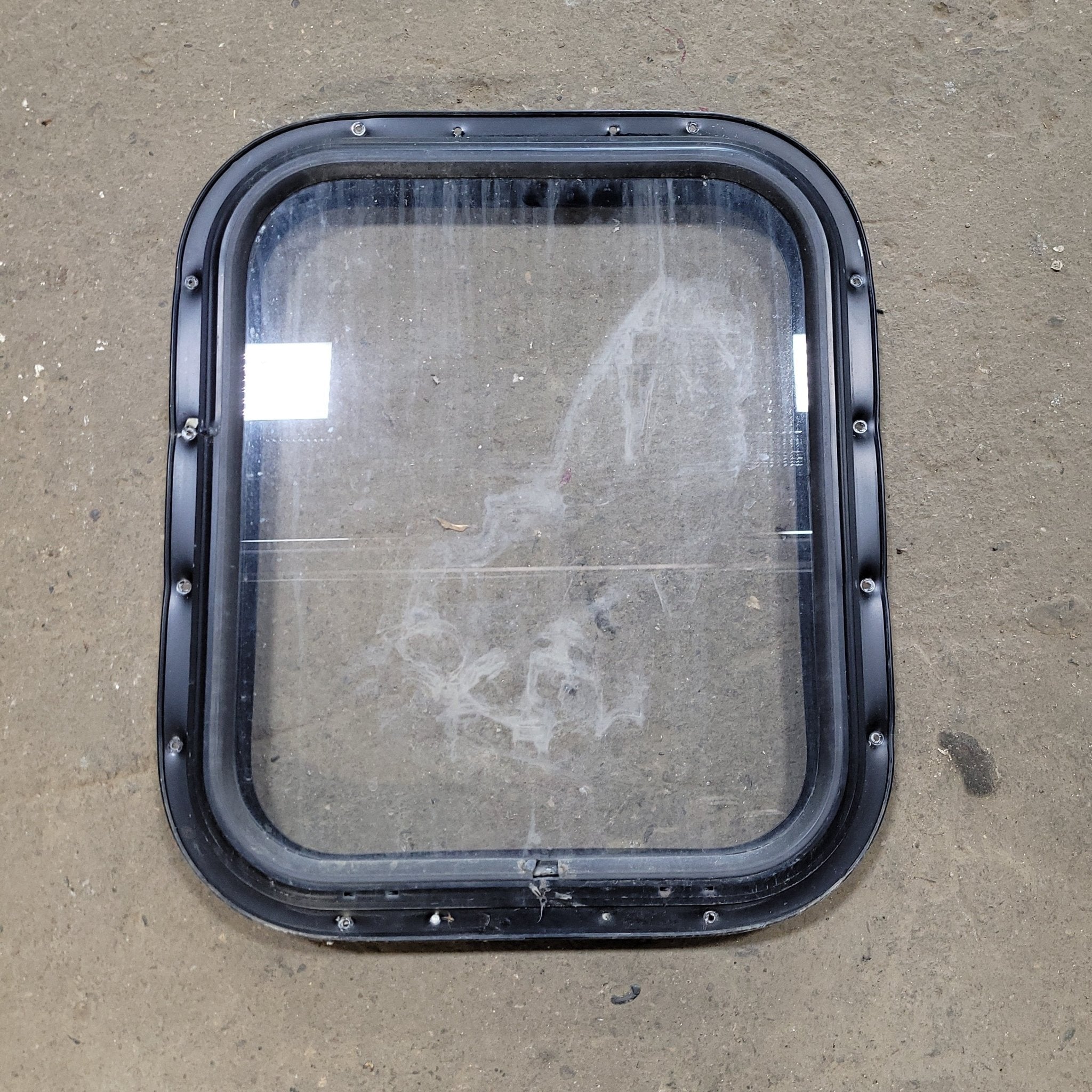 Used Black Radius Non-Opening Window : 16 3/4" W X 19 3/4" H X 1 1/2" D - Young Farts RV Parts