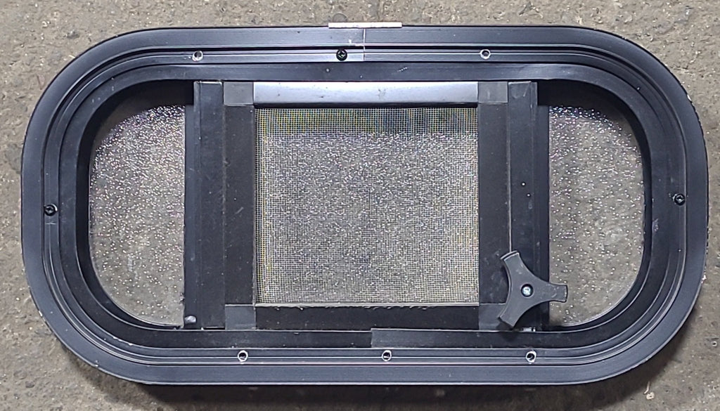 Used Black Radius Opening Window : 17 1/2" W x 8 1/2" H x 1 3/4" D - Young Farts RV Parts