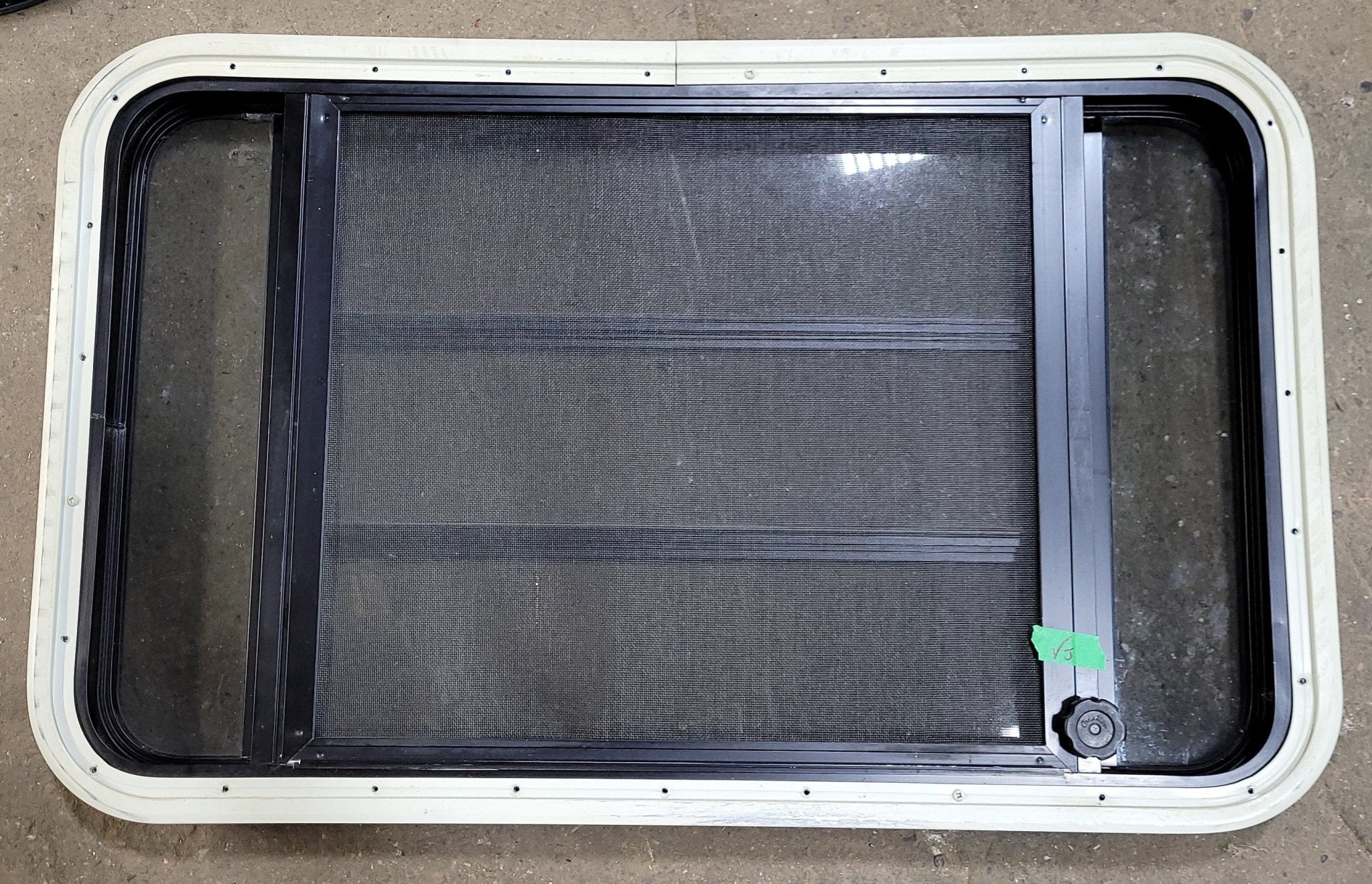 Used Black Radius Opening Window : 35 1/4" W X 21 1/2" H X 1 7/8" D - Young Farts RV Parts