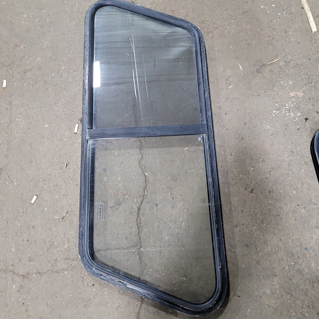 Used Black Radius Slanted Opening Window : Center W 43 1/2"/ Top & Bottom W 42 3/4" X 18" X 1 1/4" D - Young Farts RV Parts