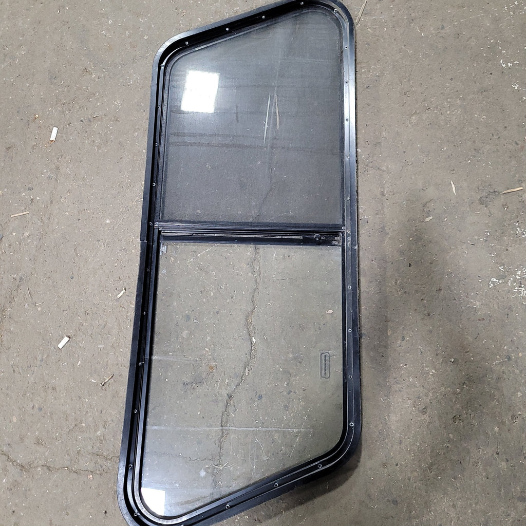 Used Black Radius Slanted Opening Window : Center W 43 1/2"/ Top & Bottom W 42 3/4" X 18" X 1 1/4" D - Young Farts RV Parts