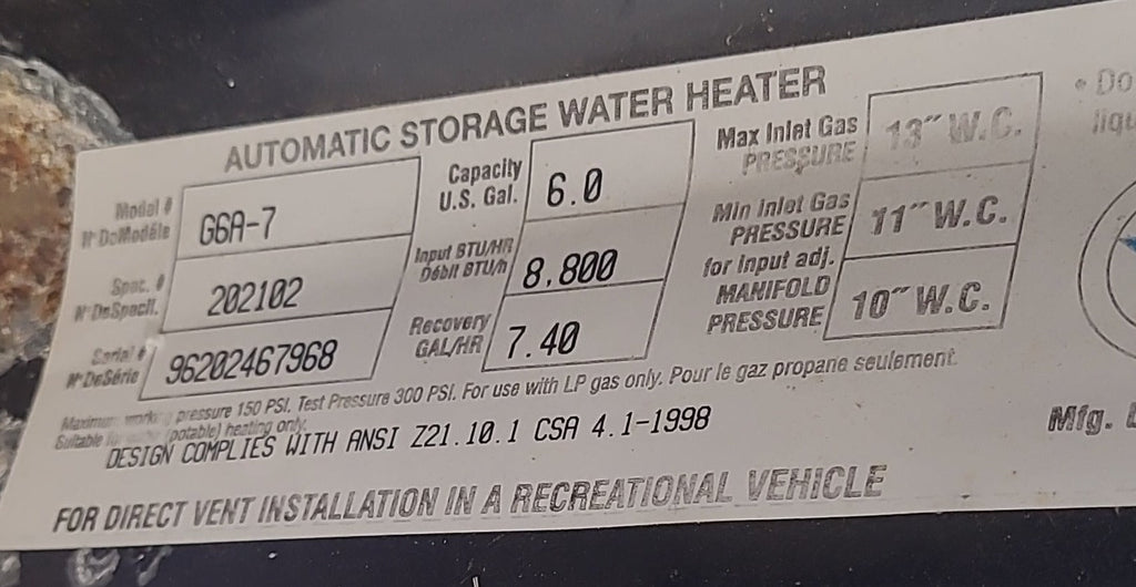 Used Complete G6A-7 Atwood Hot Water Heater 6 Gallon - Young Farts RV Parts