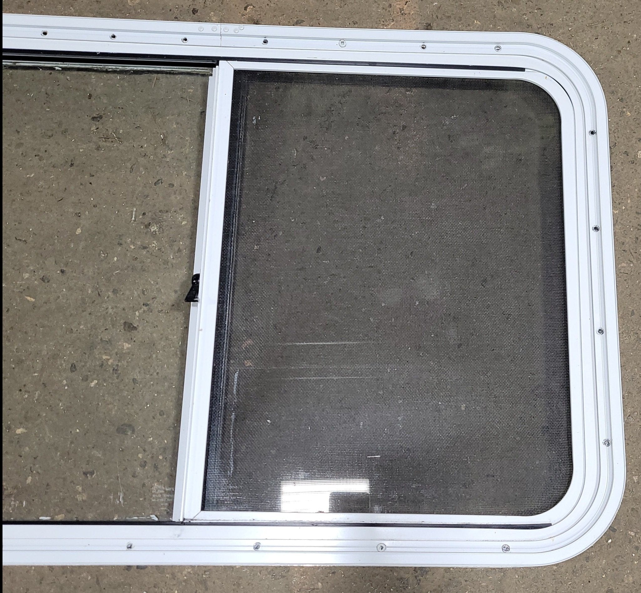 Used Slanted White Radius Opening Window : 21 1/2" H X 41" W X 2" D - Young Farts RV Parts