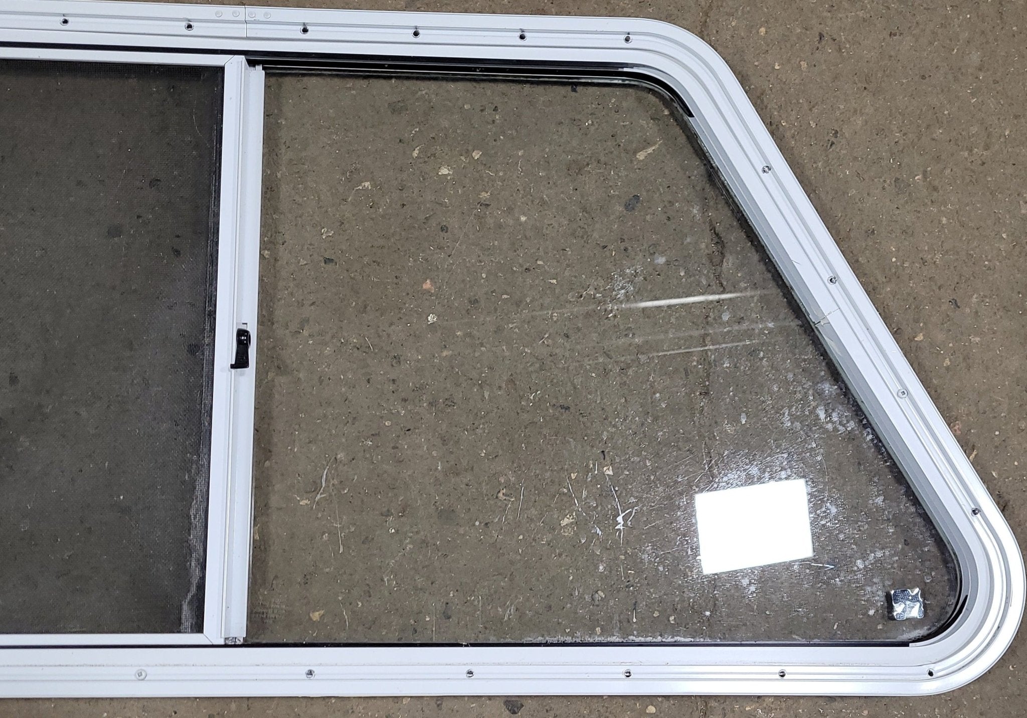 Used Slanted White Radius Opening Window : 21 1/2" H X 41" W X 2" D - Young Farts RV Parts