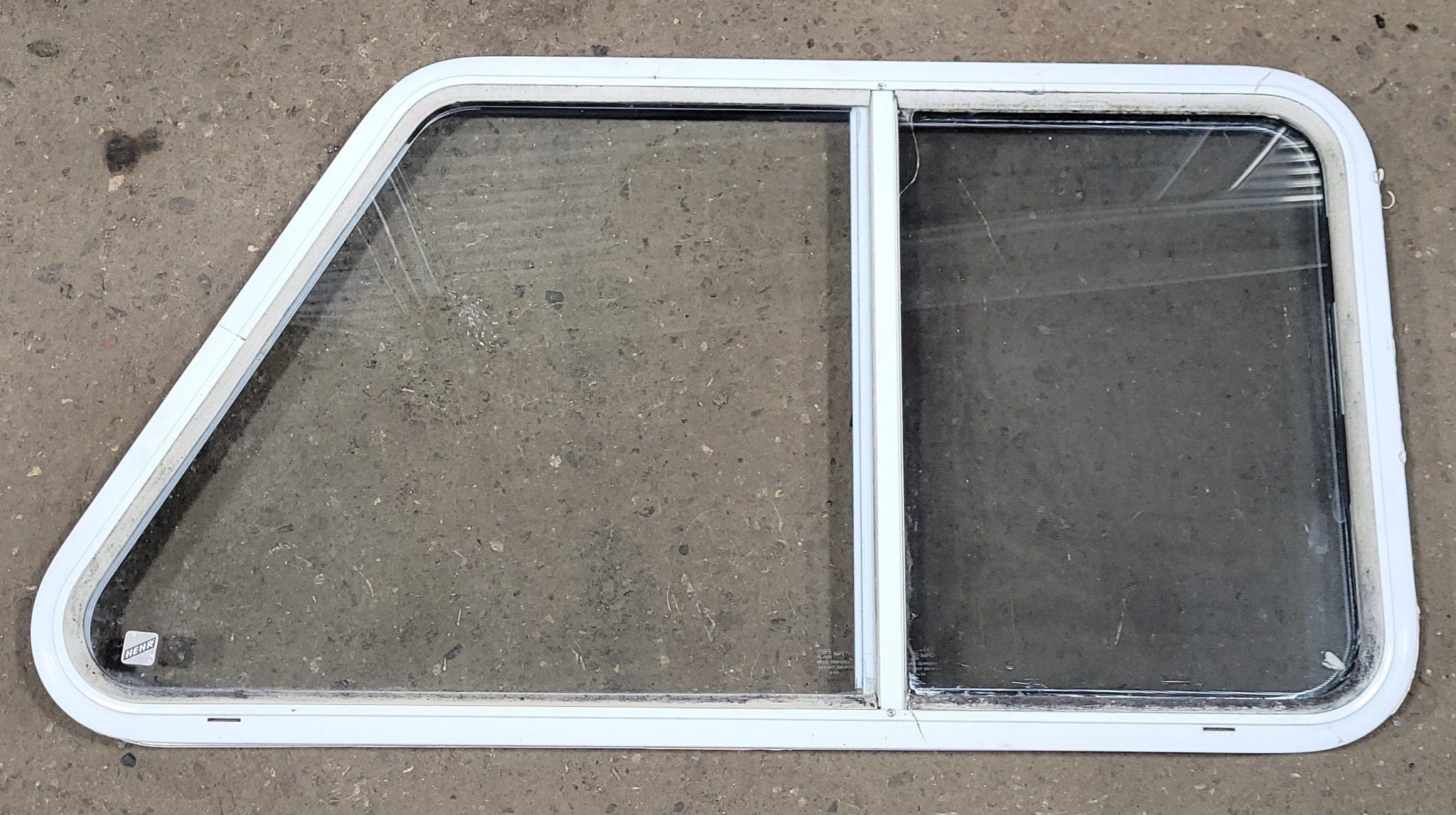 Used Slanted White Radius Opening Window : 21 1/2" H X 41" W X 2" D - Young Farts RV Parts