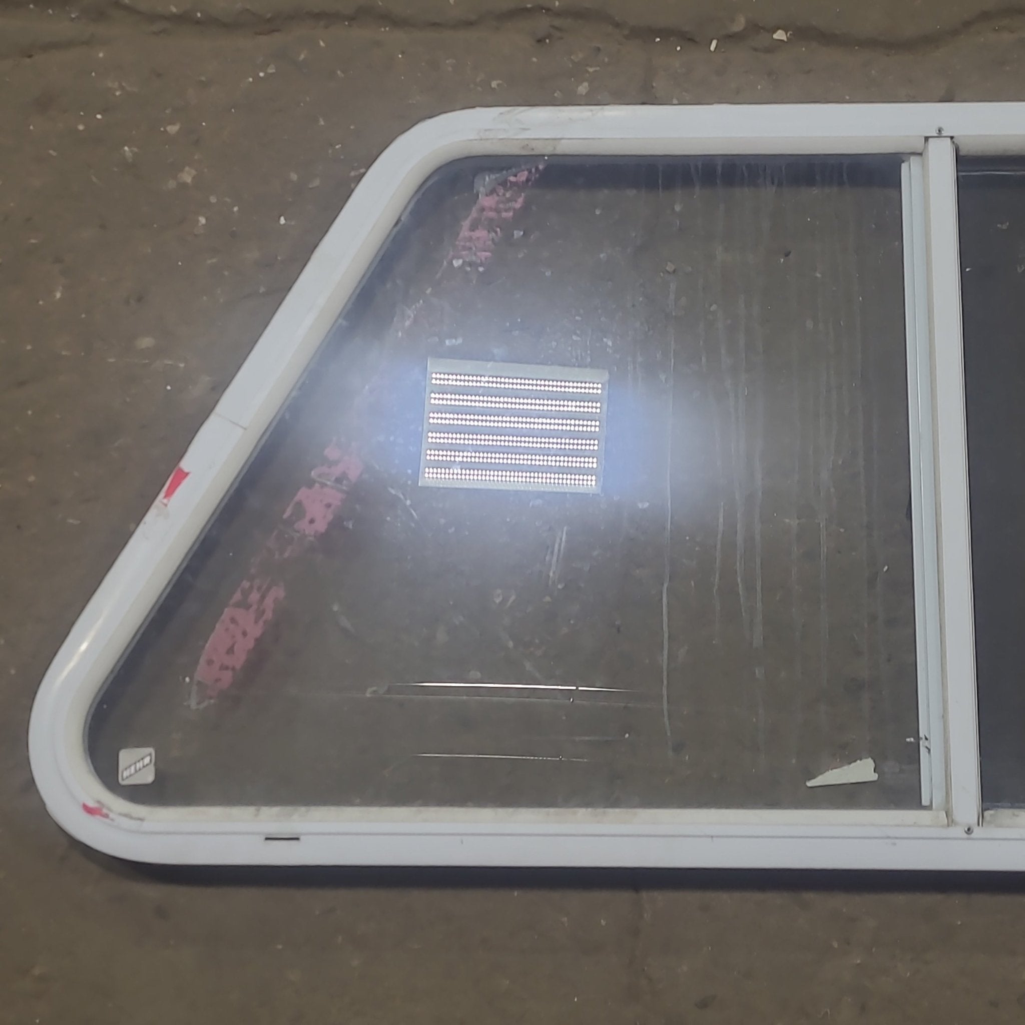 Used Slanted White Radius Opening Window : 40 1/2" W X 21 1/2" H X 1 1/4" D - Young Farts RV Parts