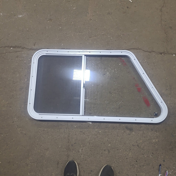 Used Slanted White Radius Opening Window : 40 1/2" W X 21 1/2" H X 1 1/4" D - Young Farts RV Parts