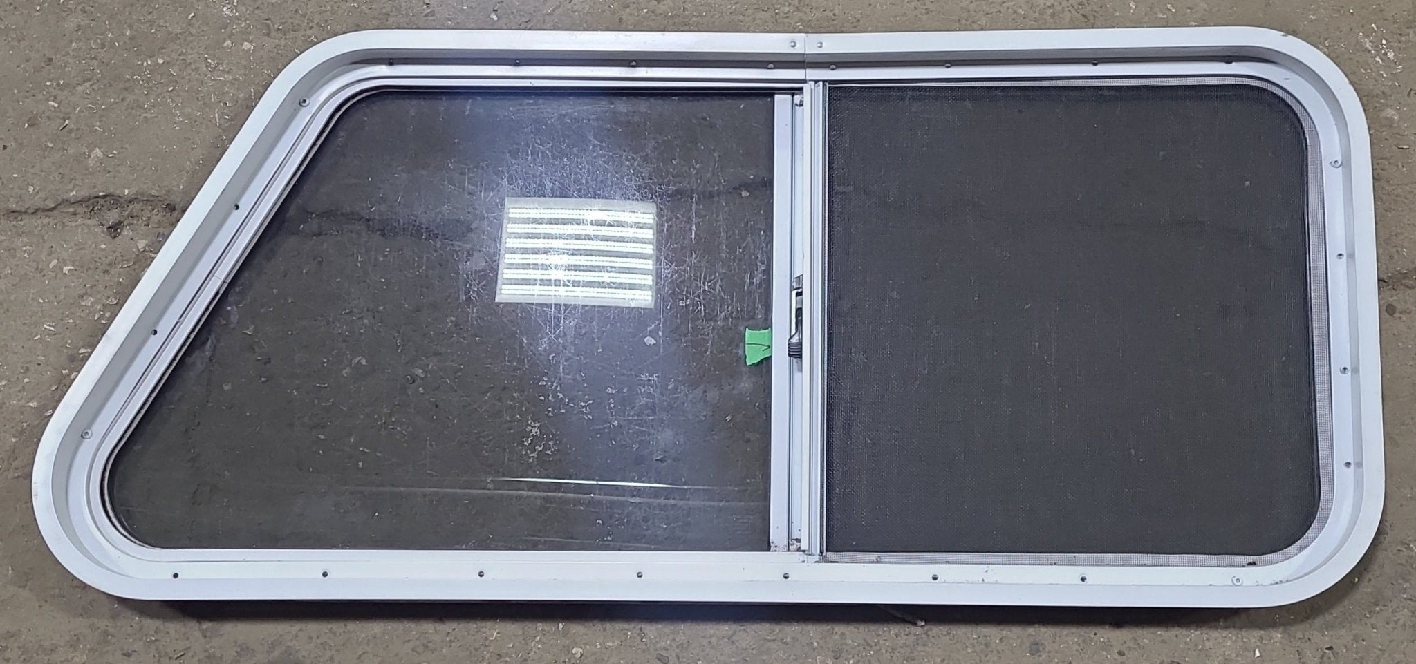 Used Slanted White Radius Opening Window : 41 3/4" W x 17 3/4" H x 2" D - Young Farts RV Parts