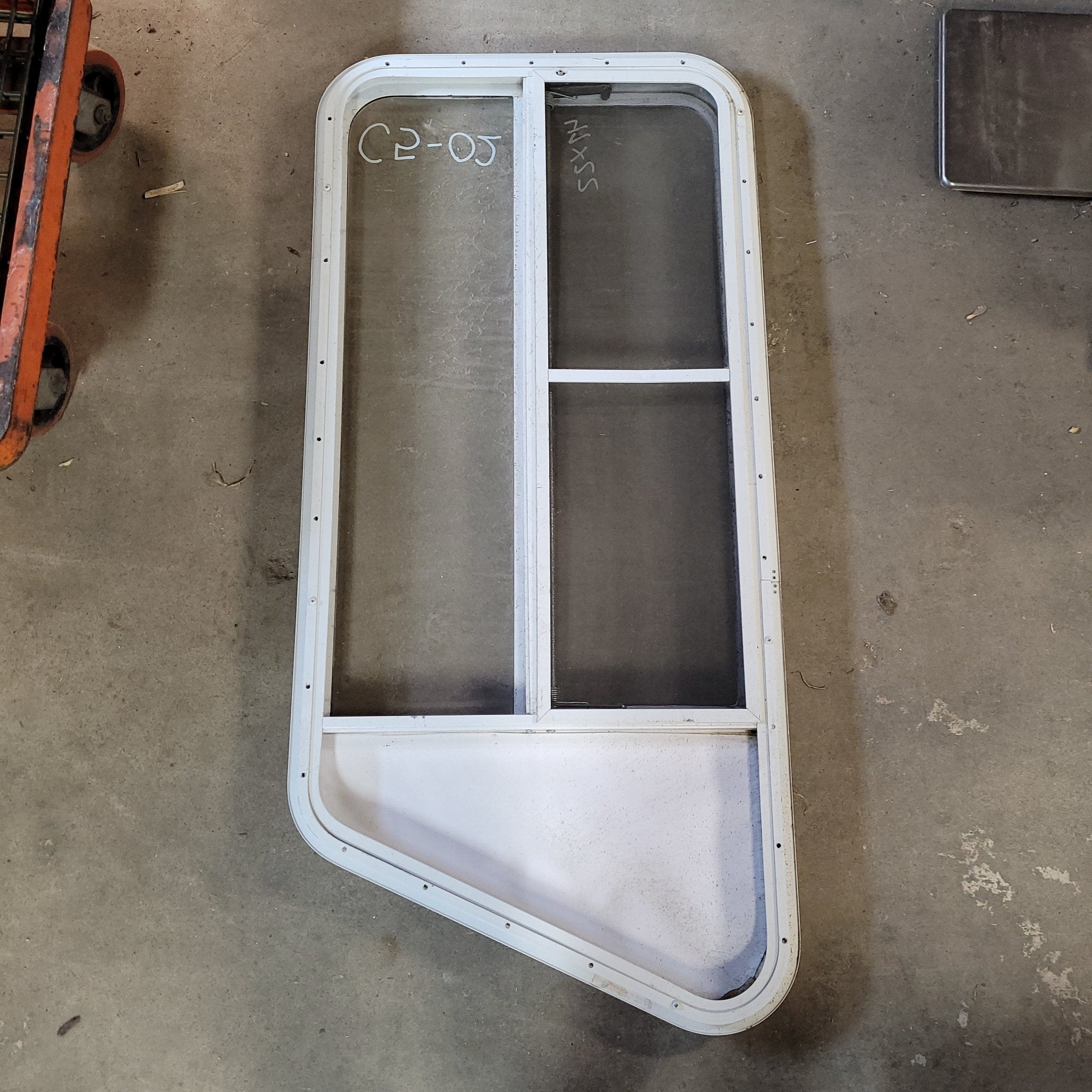 Used Slanted White Radius Opening Window : 47 X 22 X 2" D - Young Farts RV Parts