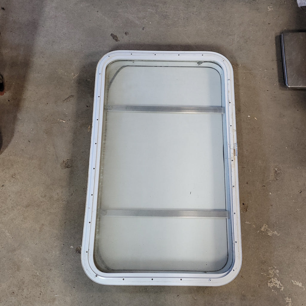 Used White Radius Non-Opening Window With Rock Guard Cover : 35 1/2 X 21 1/2 X 2" D - Young Farts RV Parts