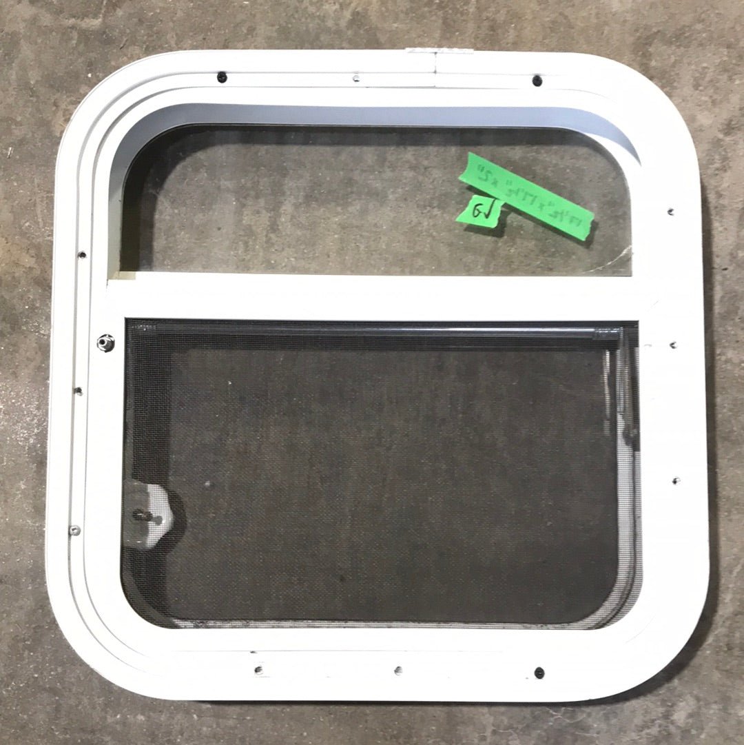 Used White Radius Opening Window : 17 1/2" W x 17 1/2" H x 2" D - Young Farts RV Parts
