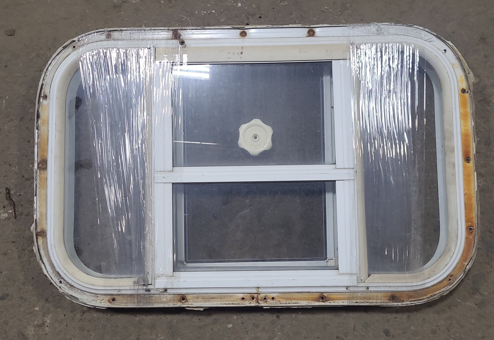 Used White Radius Opening Window : 23 3/4" W x 14 5/8" H x 1 3/4" D - Young Farts RV Parts