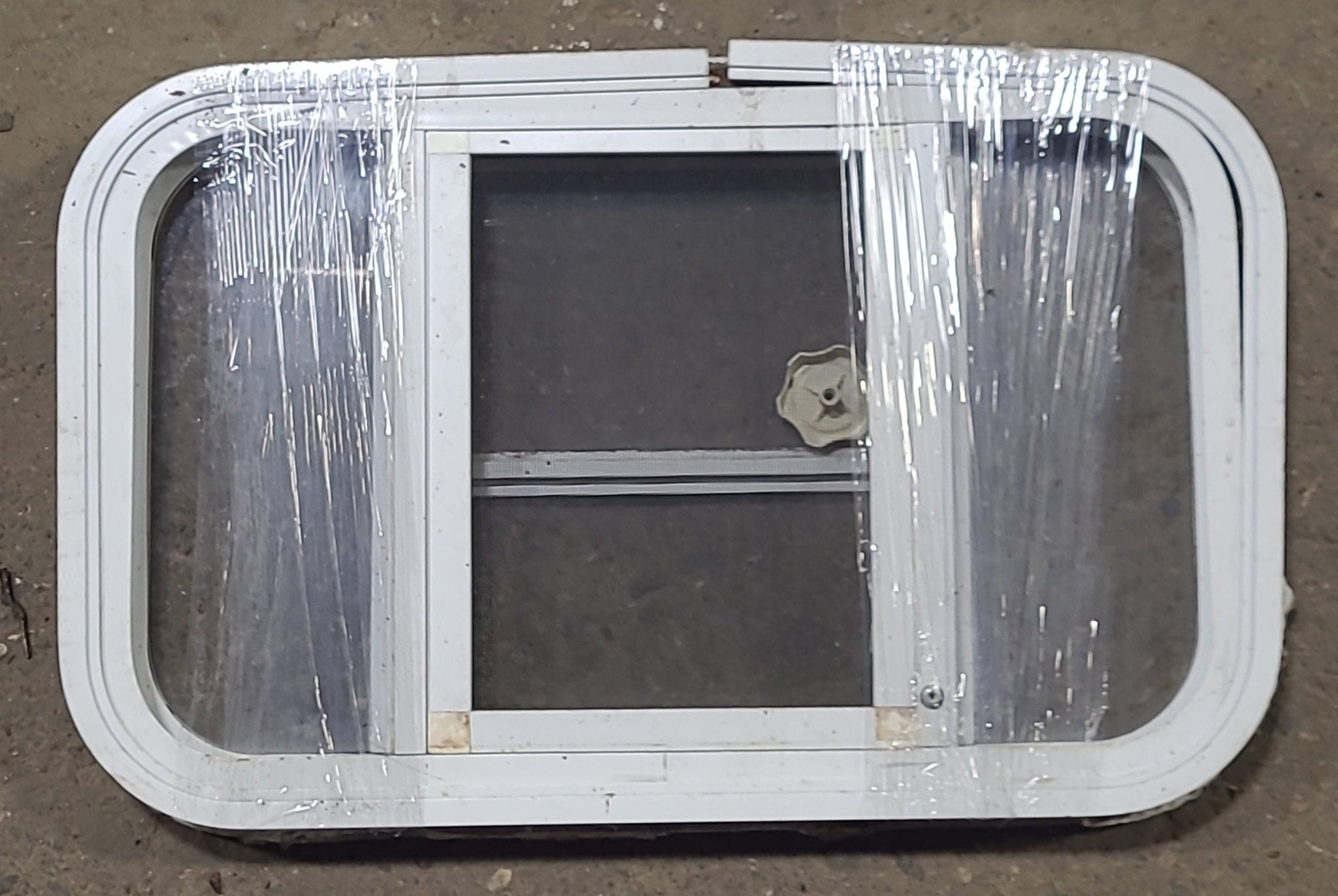 Used White Radius Opening Window : 23 3/4" W x 14 5/8" H x 1 3/4" D - Young Farts RV Parts