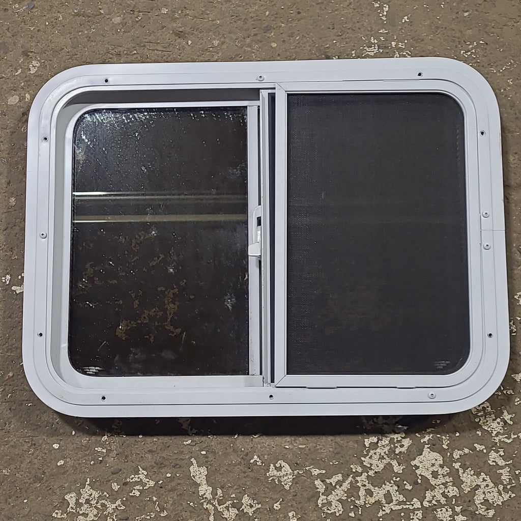 Used White Radius Opening Window : 24 1/4" W x 17 3/4" H x 1 7/8" D - Young Farts RV Parts