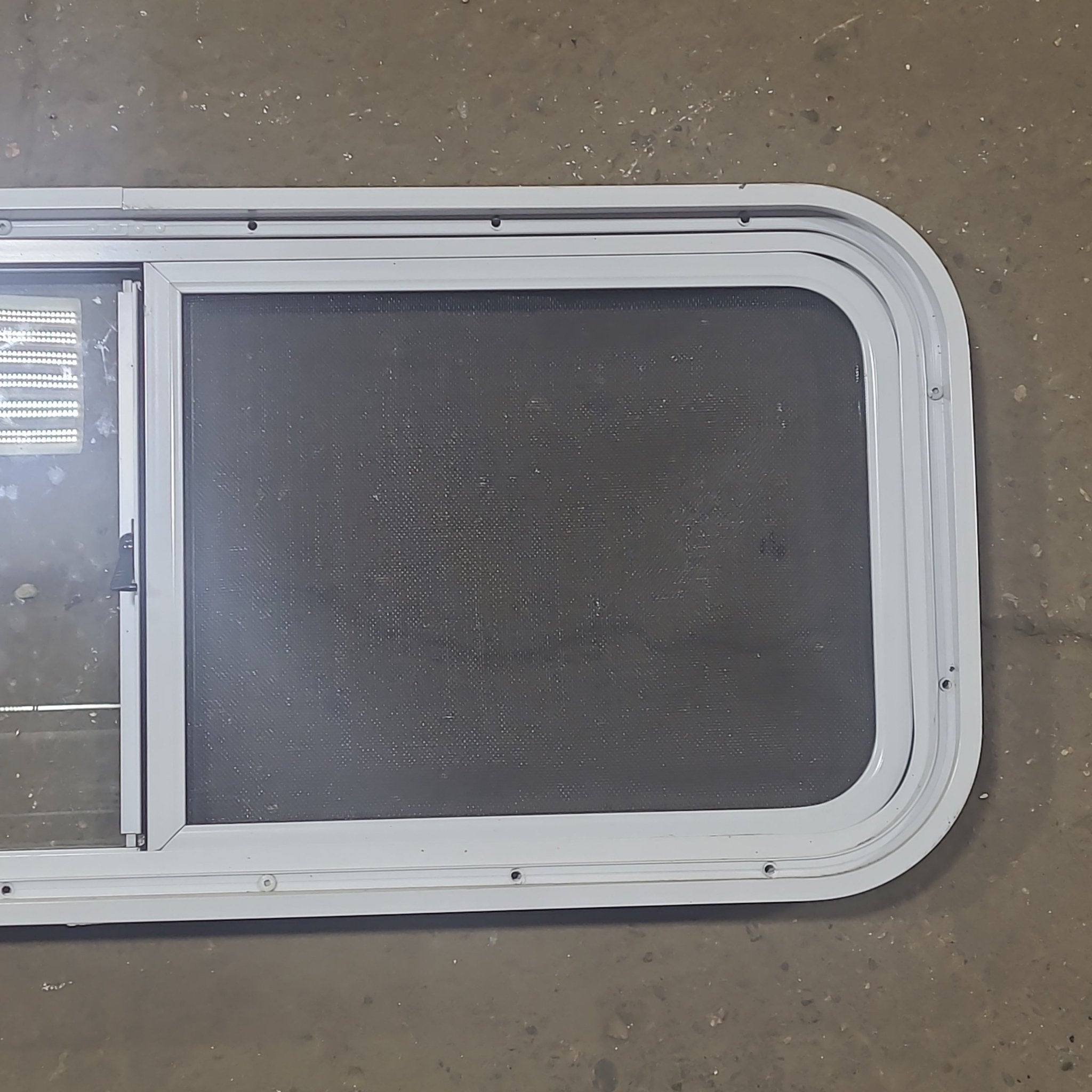 Used White Radius Opening Window : 36 1/4" W x 14 3/4" H x 1 3/4" D - Young Farts RV Parts