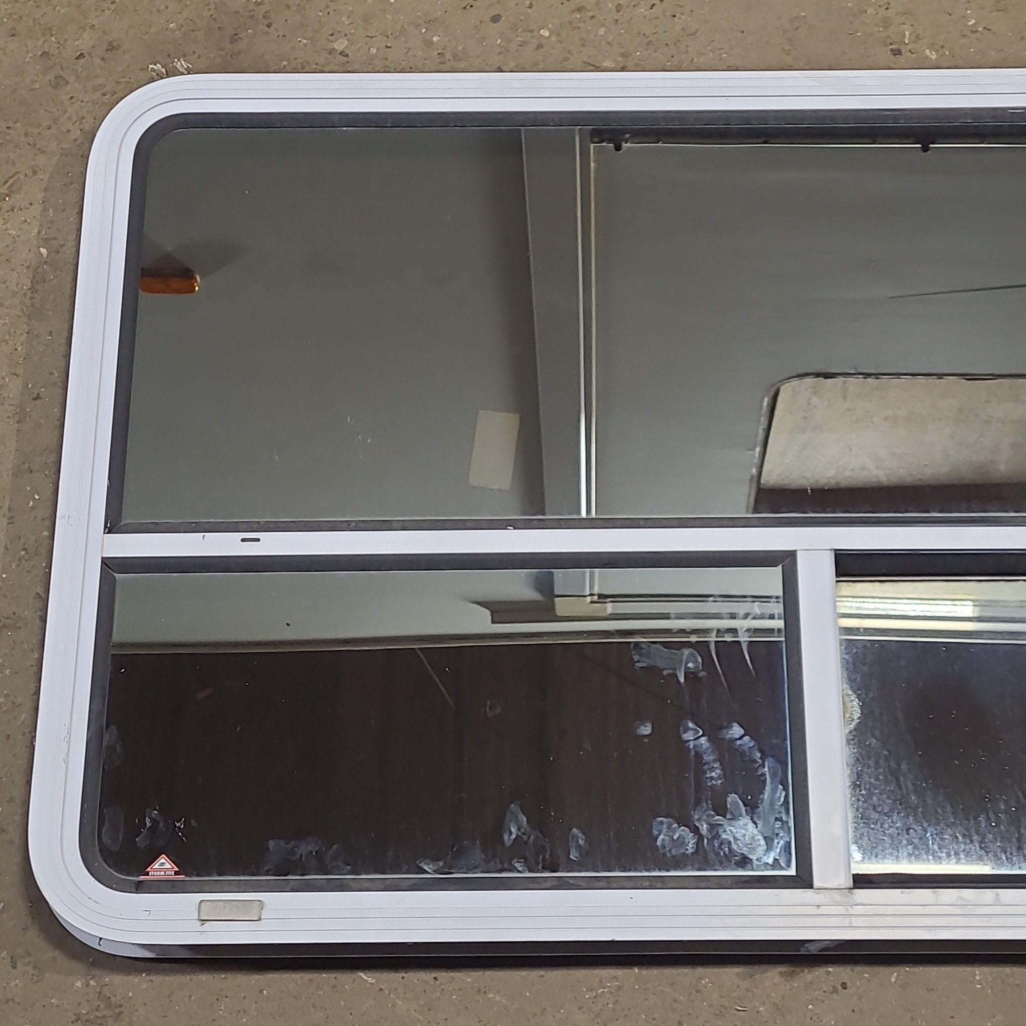 Used White Radius Opening Window : 48 1/4" W x 29 1/2" H x 1 3/4" D - Young Farts RV Parts