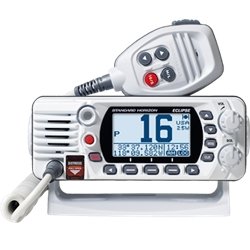 VHF Radio Standard Horizon GX1400GW Eclipse; Fixed Mount; United States/ Canadian/ International Channels; 25 Watts; NOAA Weather Channels With Alert; With GPS Capability; High Resolution Dot Matrix LCD Display; White; Class D DSC With Separate Receiver; - Young Farts RV Parts