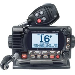VHF Radio Standard Horizon GX1800GB Explorer; Fixed Mount; United States/ Canadian/ International Channels; 25 Watts; NOAA Weather Channels With Alert; With GPS Capability; Backlit Dot Matrix LCD Display; Black; Class D DSC With Separate Receiver; Compact - Young Farts RV Parts