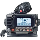 VHF Radio Standard Horizon GX1800GB Explorer; Fixed Mount; United States/ Canadian/ International Channels; 25 Watts; NOAA Weather Channels With Alert; With GPS Capability; Backlit Dot Matrix LCD Display; Black; Class D DSC With Separate Receiver; Compact