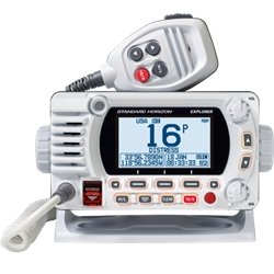 VHF Radio Standard Horizon GX1800GW Explorer; Fixed Mount; United States/ Canadian/ International Channels; 25 Watts; NOAA Weather Channels With Alert; With GPS Capability; Backlit Dot Matrix LCD Display; White; Class D DSC With Separate Receiver; Compact - Young Farts RV Parts