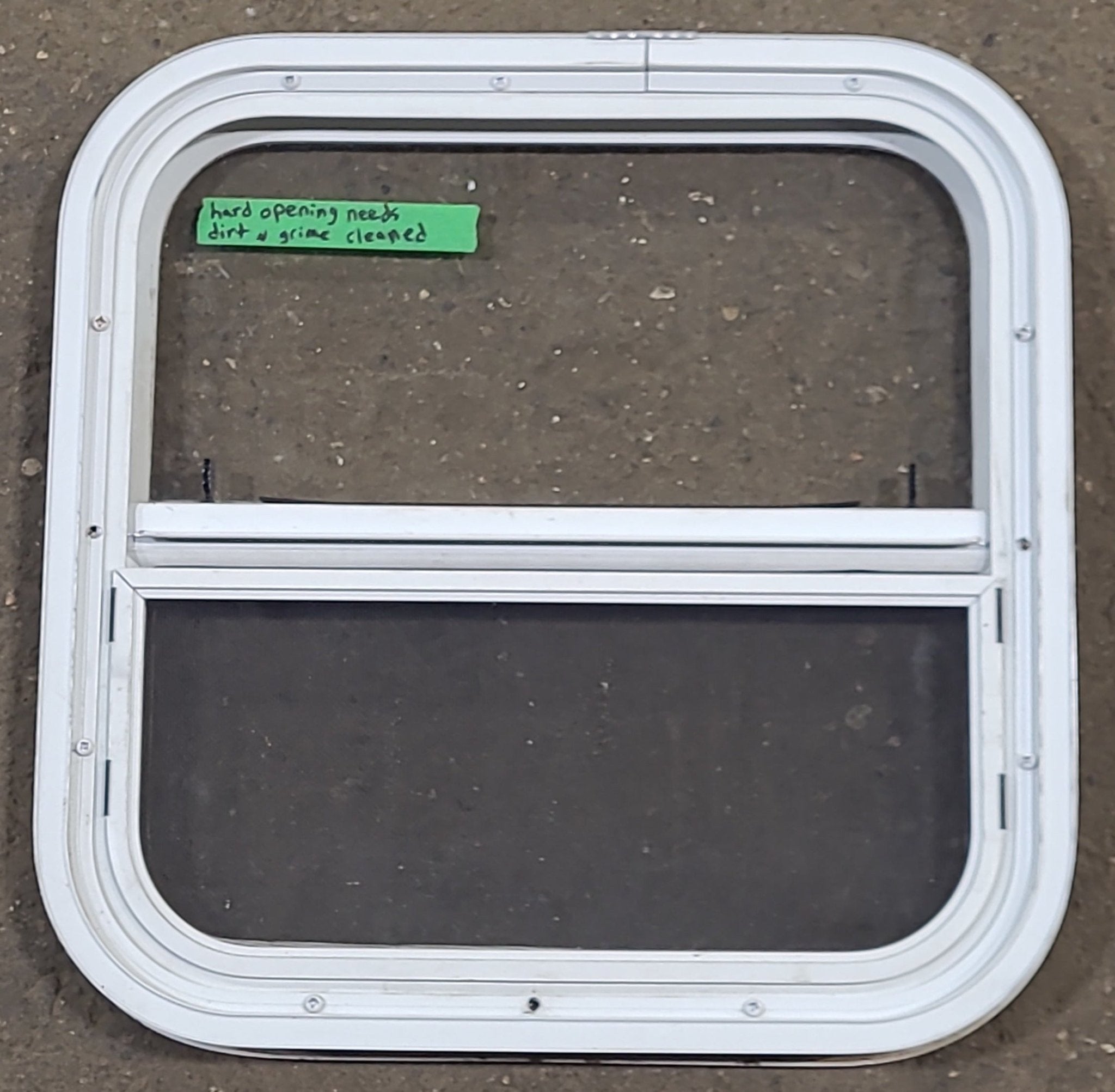 White Radius Opening Window : 17 1/2" W X 17 1/2" H X 1 1/4" D - Young Farts RV Parts