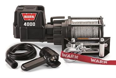 Winch Warn 94000 4000 DC Series, Vehicle Mounted, Trailer Winch, 12 Volt Electric, 4000 Pound Line Pull Capacity, 43 Foot Wire Rope, Roller Fairlead, Wired Remote - Young Farts RV Parts